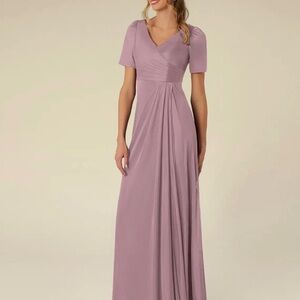 Azazie Bessie Dusty Rose V-Neck Short Sleeve Formal Maxi Dress 10